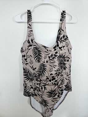 Tropical Leaf Print One Piece Swimsuit Ruched Tummy Control Tan Black🔥
